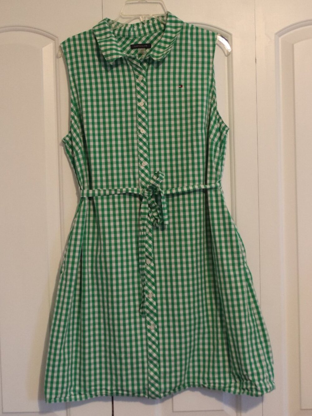Tommy Hilfiger Button Front Sleeveless Green and White Gingham Dress Size 14